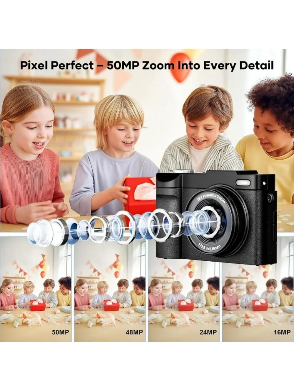 Compact 4K Digital Camera with 50MP, Auto-Focus, 180° Flip Screen & 16X Zoom